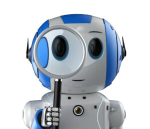 robot with magnifying glass 3d rendering mini robot with magnifying glass on white